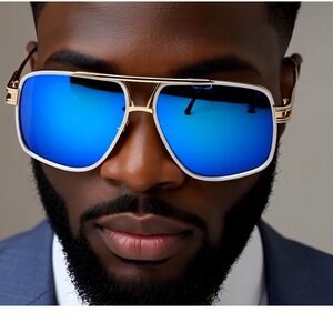 Aviator Sunglasses Blue Mirrored Lens Gold White Frame Square Fashion Lentes New